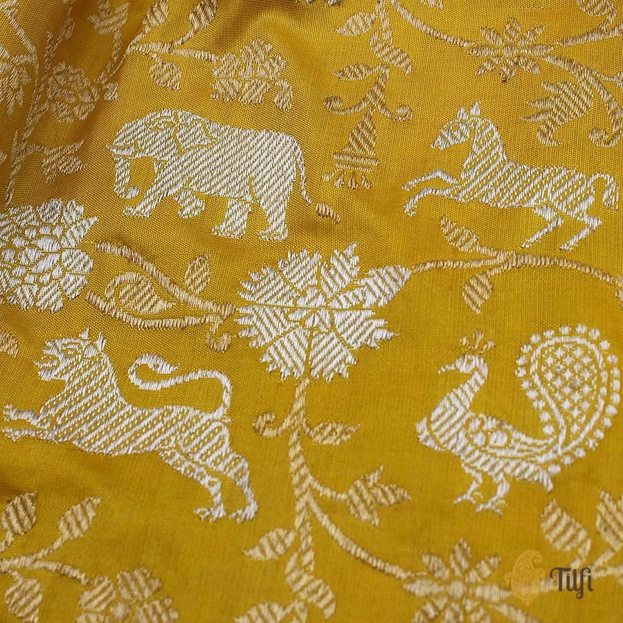 Yellow-Red Pure Katan Silk Banarasi Handloom Shikaargah Saree