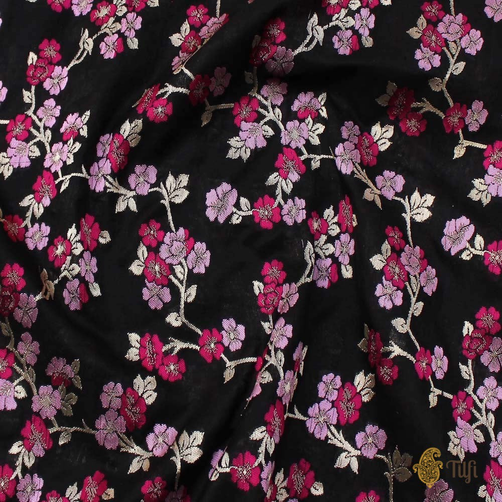 &#39;Cherry Blossoms&#39; Black Pure Katan Silk Banarasi Handloom Saree