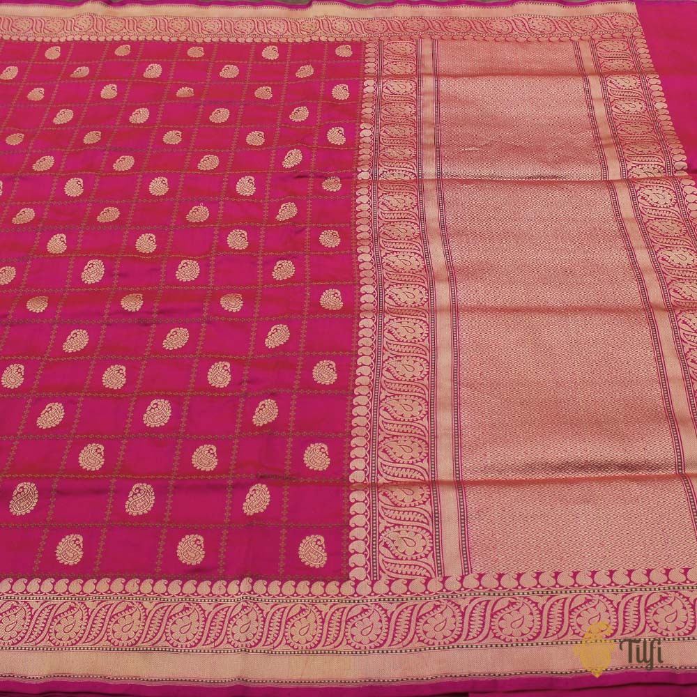 &#39;Ragini&#39; Red-Rani Pink Pure Katan Silk Banarasi Handloom Saree