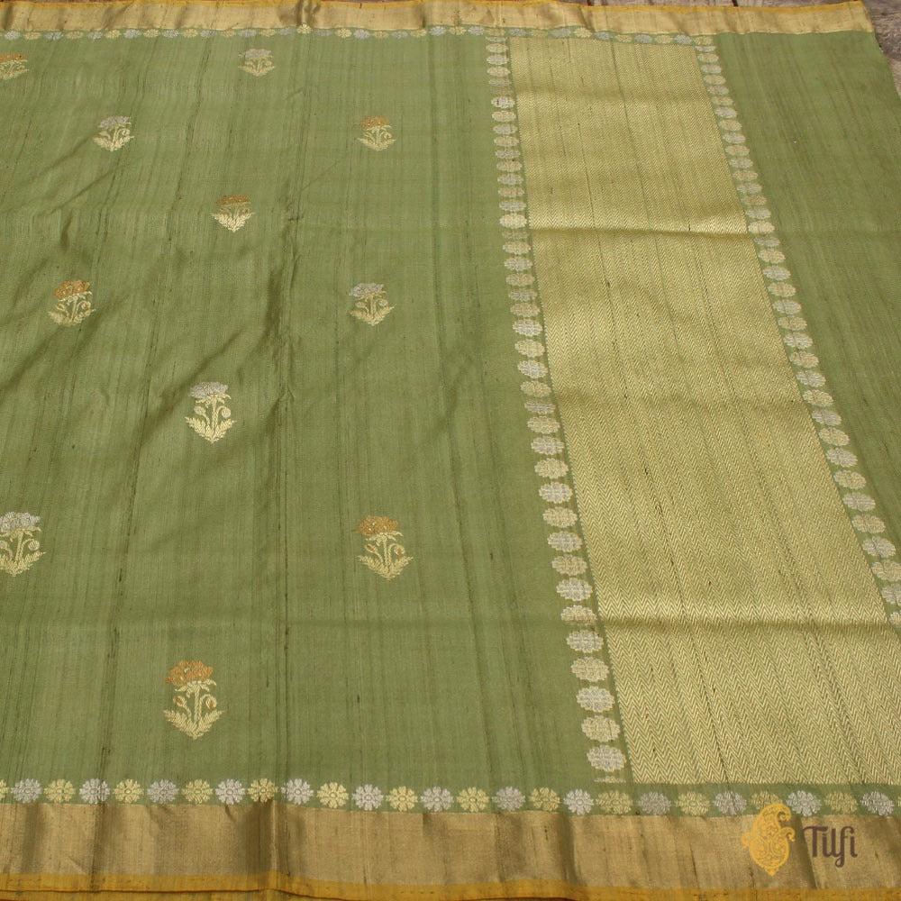 Sage Green Pure Tussar Silk Banarasi Handloom Saree