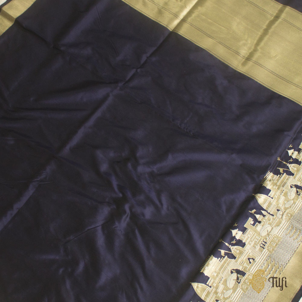&#39;Kashi&#39; Black-Navy Blue Pure Katan Silk Banarasi Handloom Saree