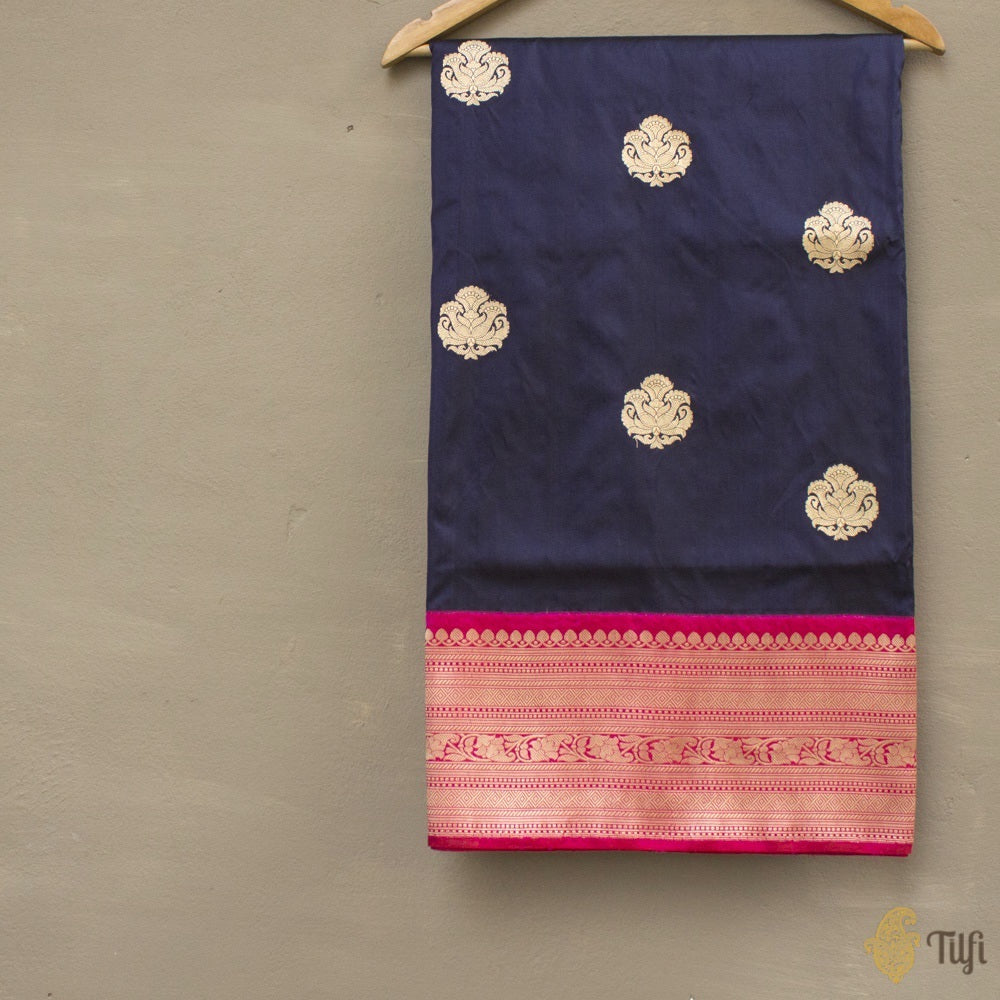 Navy Blue-Pink Pure Katan Silk Banarasi Kadiyal Handloom Saree