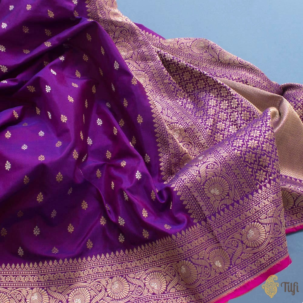 Purple-Rani Pink Pure Katan Silk Banarasi Handloom Saree