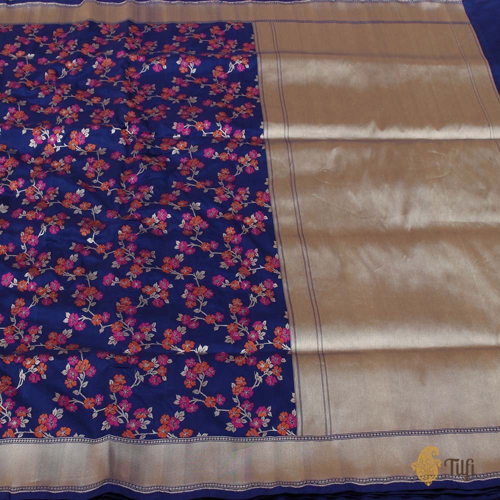 &#39;Cherry Blossoms&#39; Navy Blue Pure Katan Silk Banarasi Handloom Saree