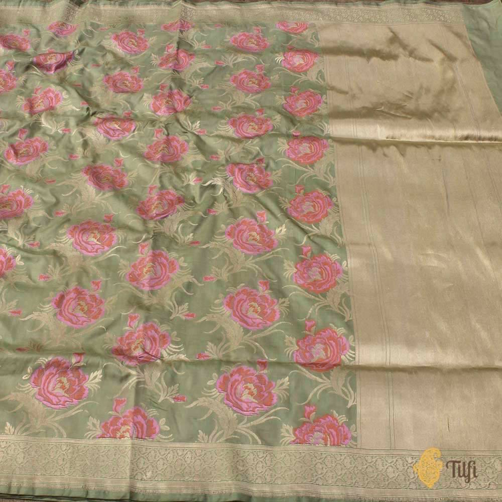 &#39;Bed of Roses&#39; Sage Green Pure Katan Silk Banarasi Floral Handloom Saree