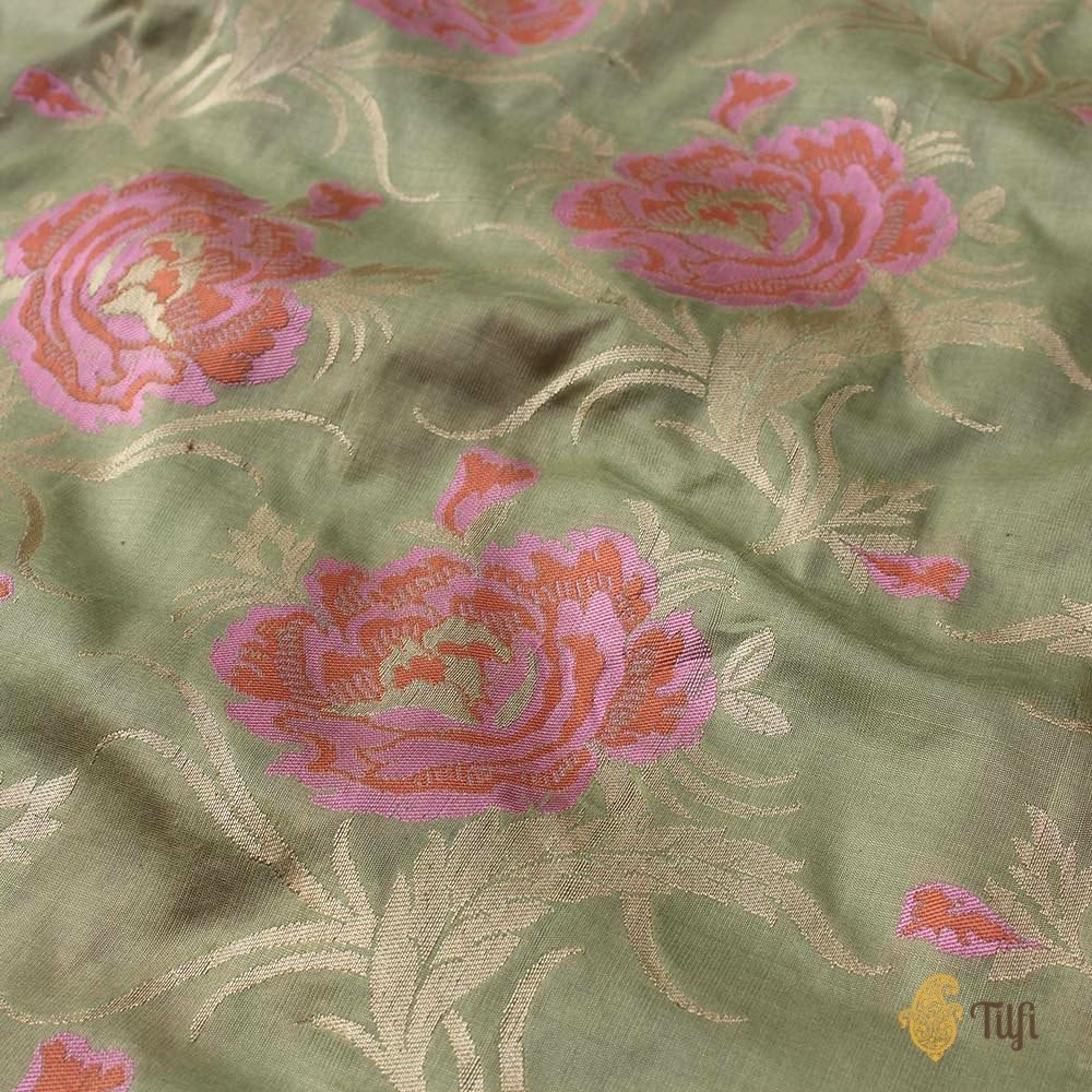 &#39;Bed of Roses&#39; Sage Green Pure Katan Silk Banarasi Floral Handloom Saree
