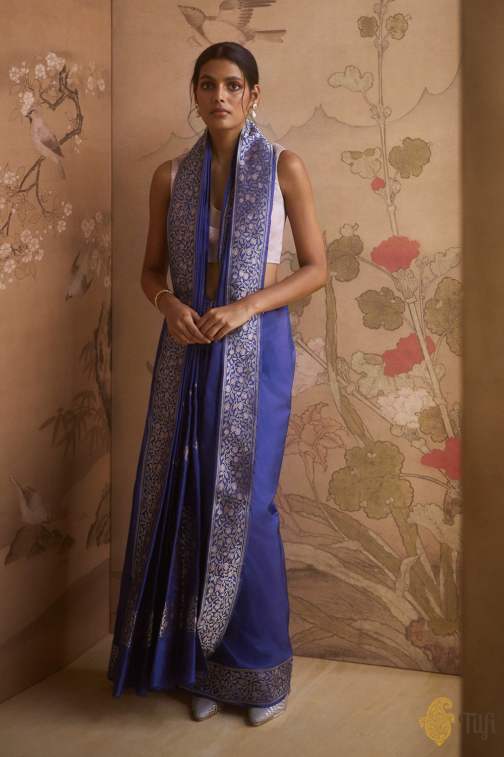 &#39;Sweet Osmanthus&#39; Blue Pure Katan Silk Banarasi Handloom Saree