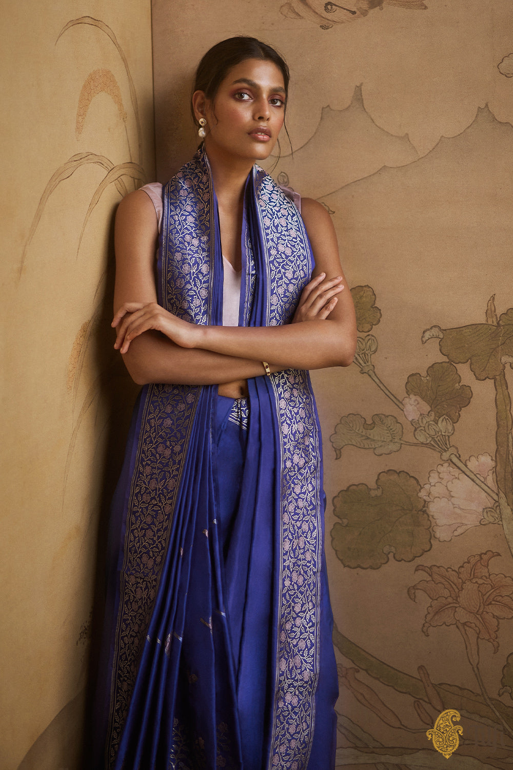 &#39;Sweet Osmanthus&#39; Blue Pure Katan Silk Banarasi Handloom Saree