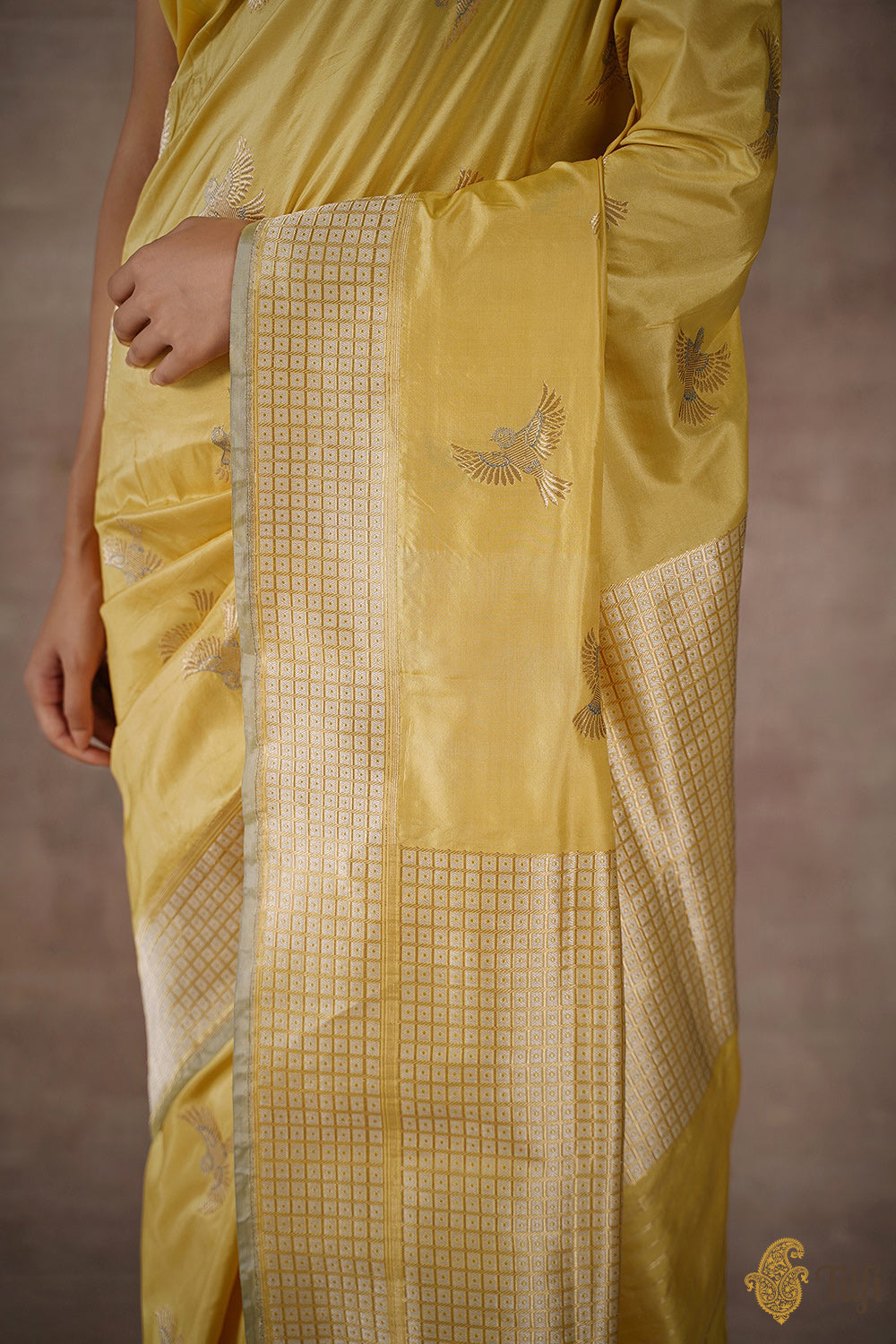 Pre-Order: &#39;Sunday Sparrows&#39; Yellow Pure Katan Silk Banarasi Handloom Saree
