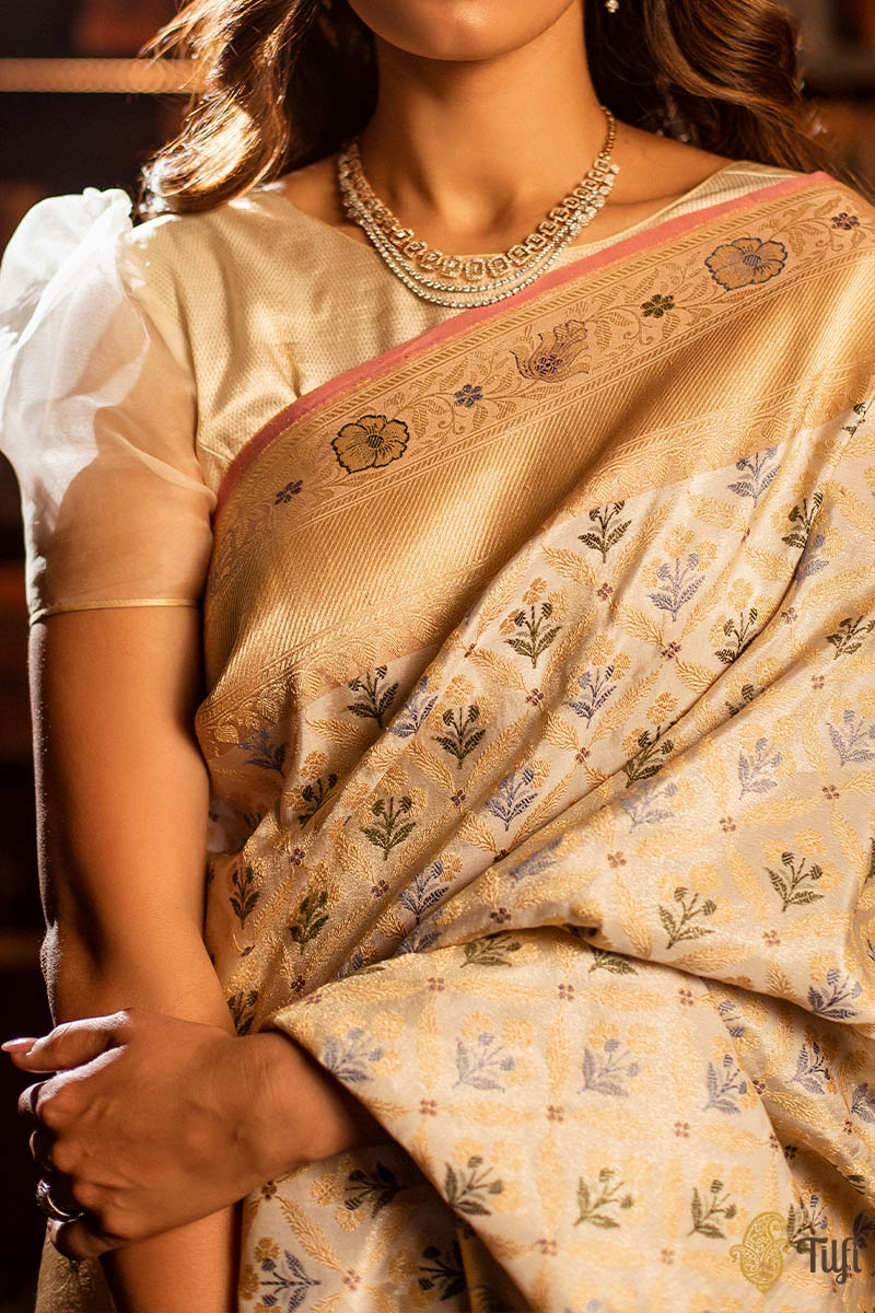 &#39;Nandini&#39; Off-White Pure Katan Silk Tissue Jangla Real Zari Banarasi Handloom Saree