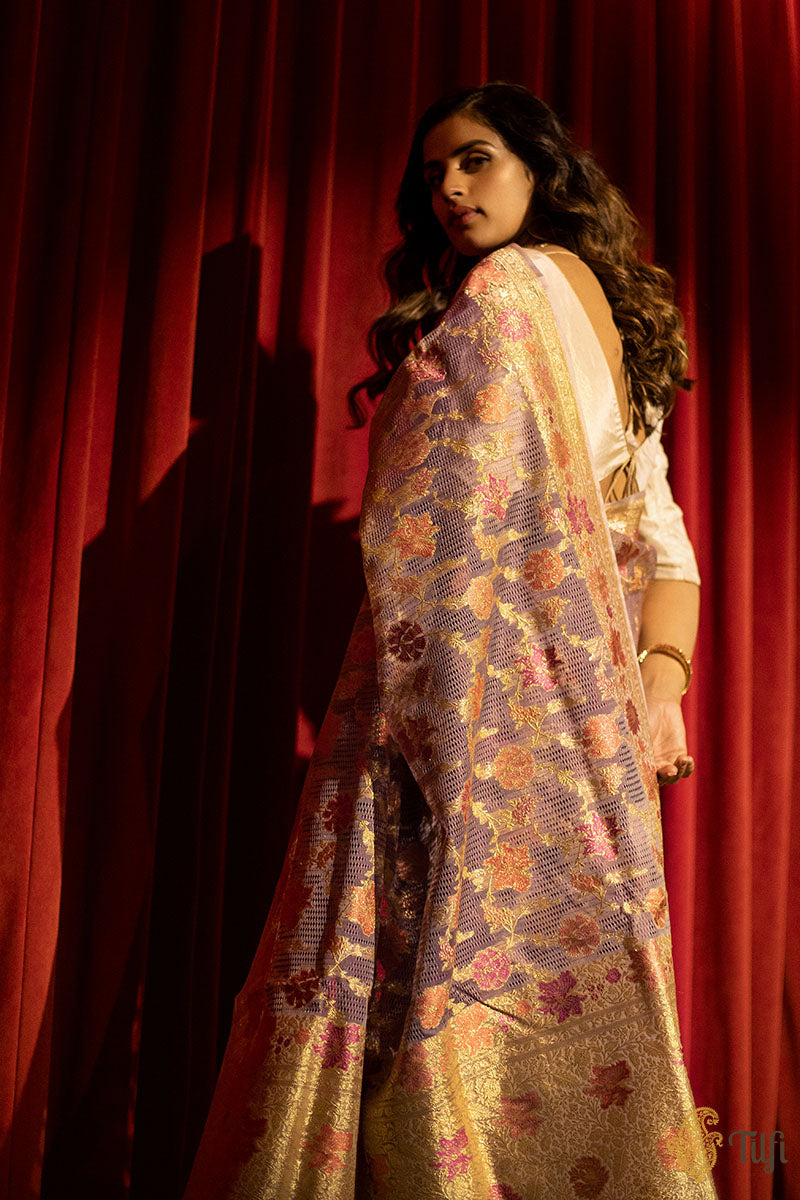 &#39;Vandana&#39; Light Mauve Pink Pure Kora Silk Real Zari Banarasi Handloom Saree