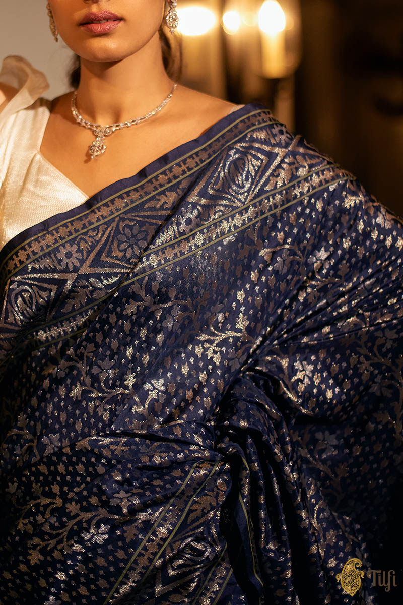 Pre-Order: &#39;Shambhavi&#39; Navy Blue Pure Katan Silk Real Zari Banarasi Handloom Saree