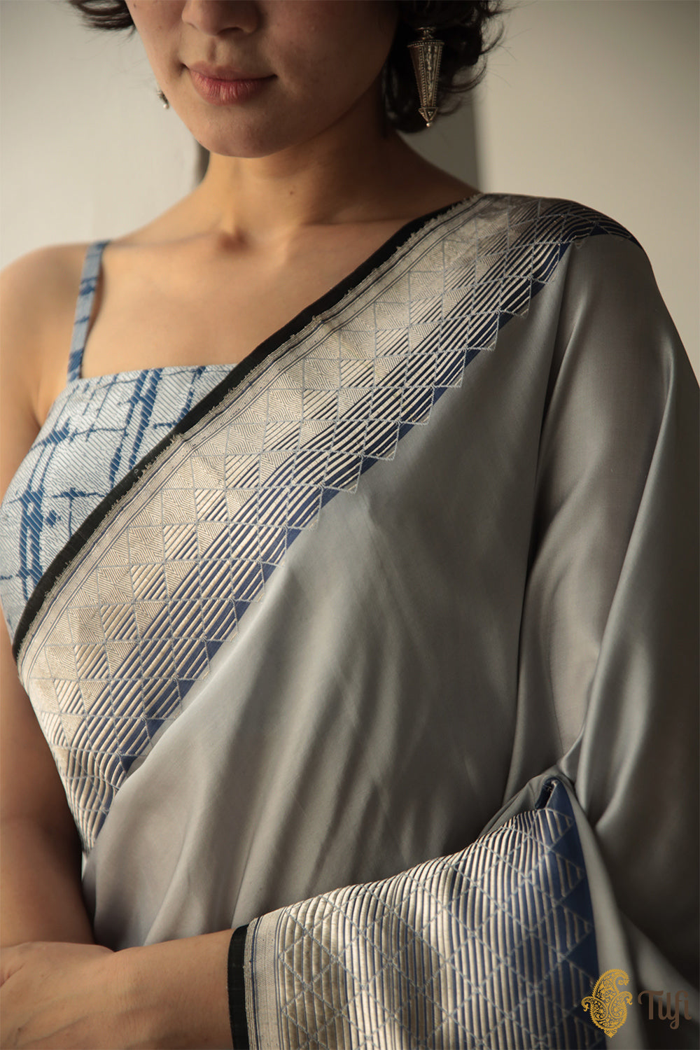Grey-Blue Pure Soft Satin Silk Banarasi Handloom Saree