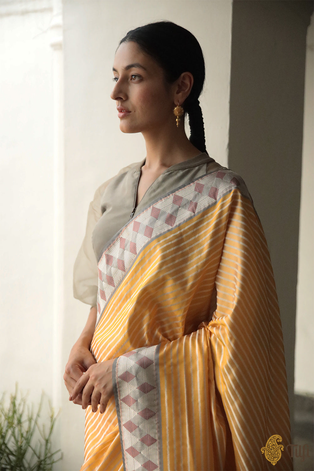 Yellow-Gray Pure Soft Satin Silk Banarasi Handloom Saree