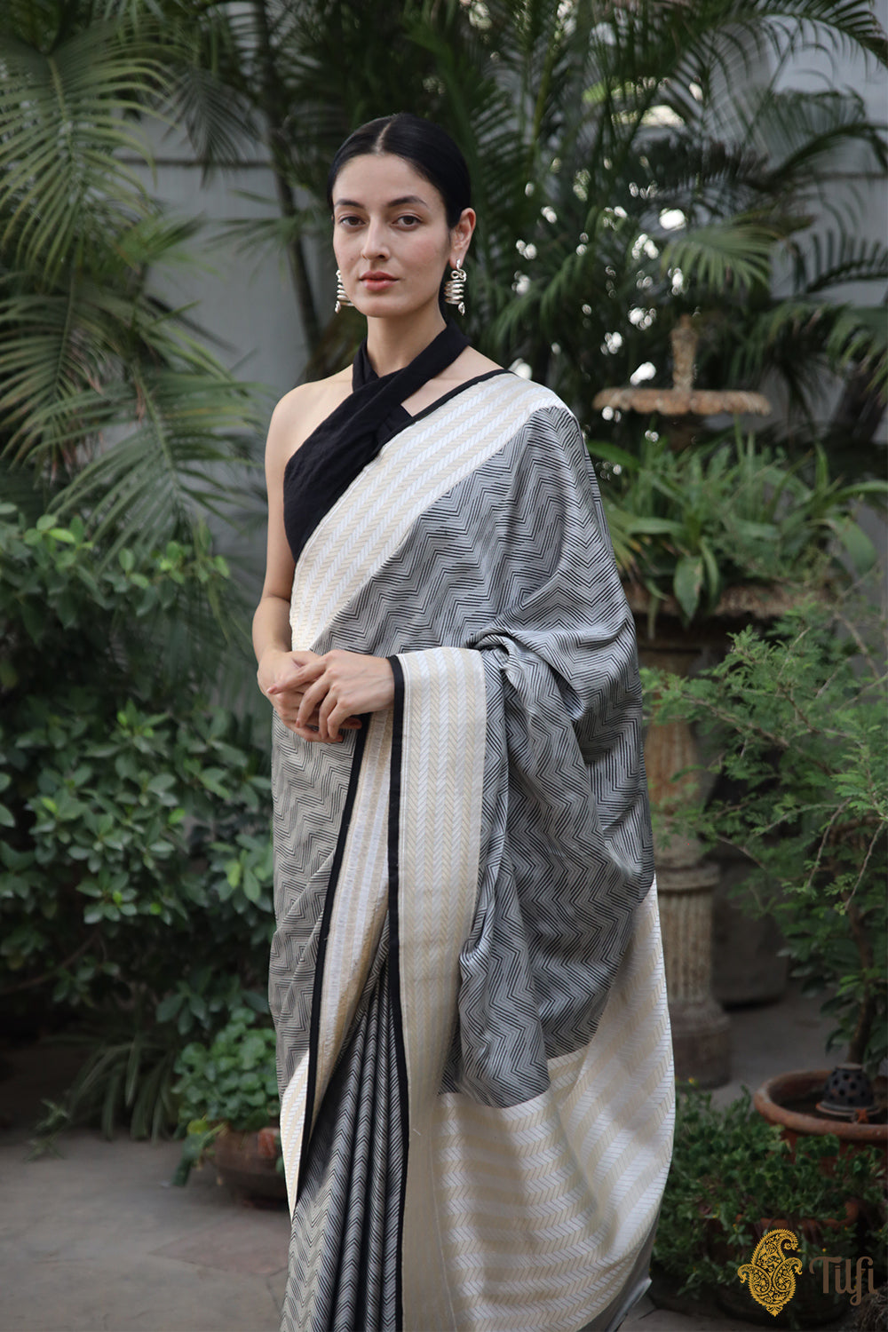 Grey-Black Pure Soft Satin Silk Banarasi Handloom Saree
