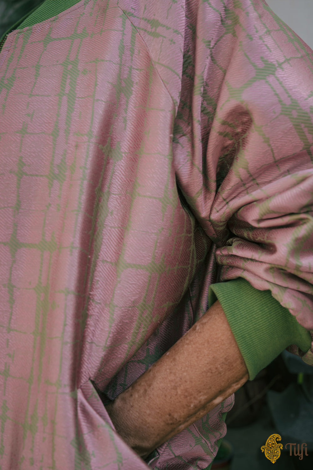 Pink-Green Handwoven Katan Silk Abstract Bomber Jacket