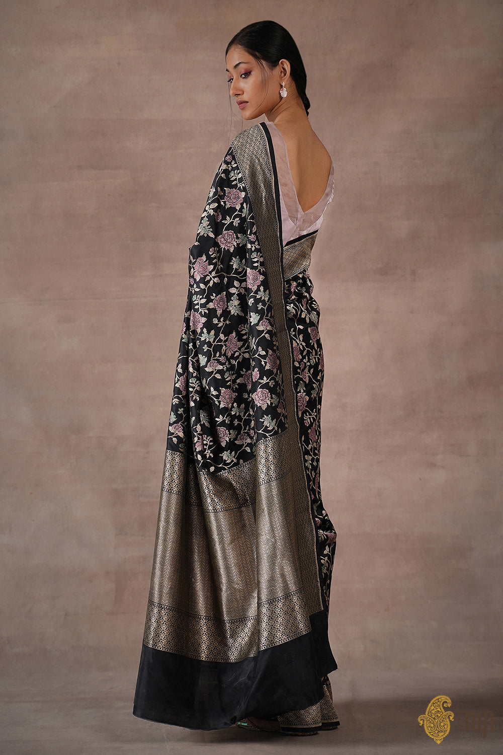 &#39;The China Rose&#39; Black Pure Katan Silk Banarasi Handloom Saree