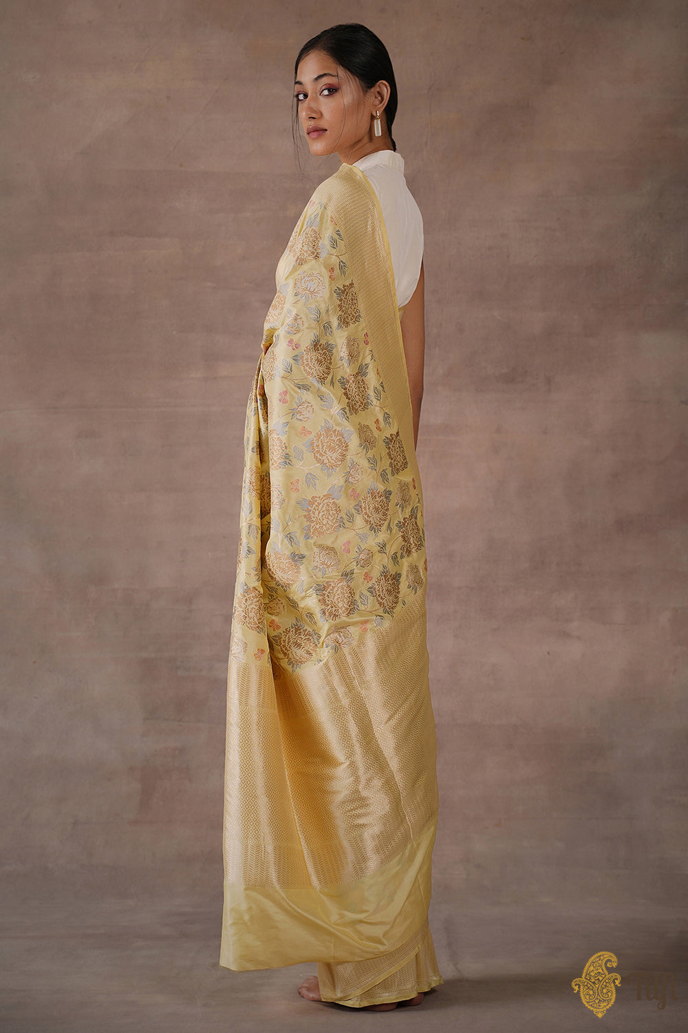&#39;Peony &amp; Butterfly&#39; Light Yellow Pure Katan Silk Banarasi Handloom Saree