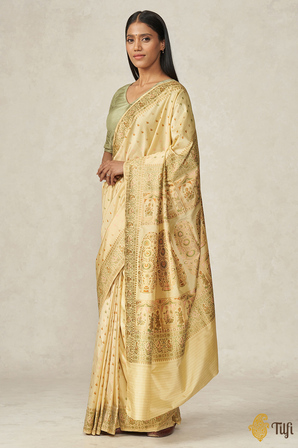 Ivory-Yellow Pure Katan Silk Banarasi Handloom Saree