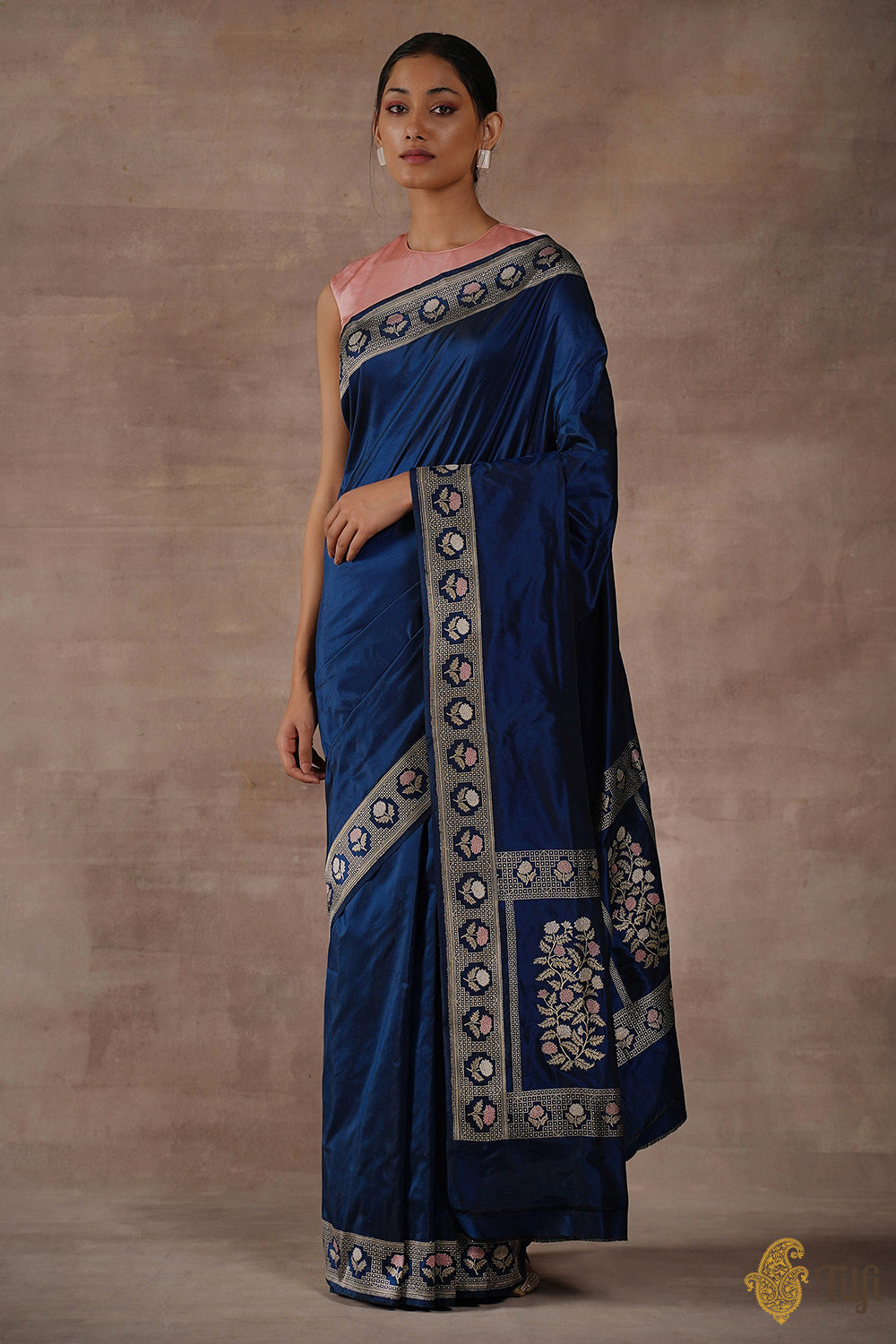 &#39;Immortal Blossoms&#39; Midnight Blue Pure Katan Silk Banarasi Handloom Saree