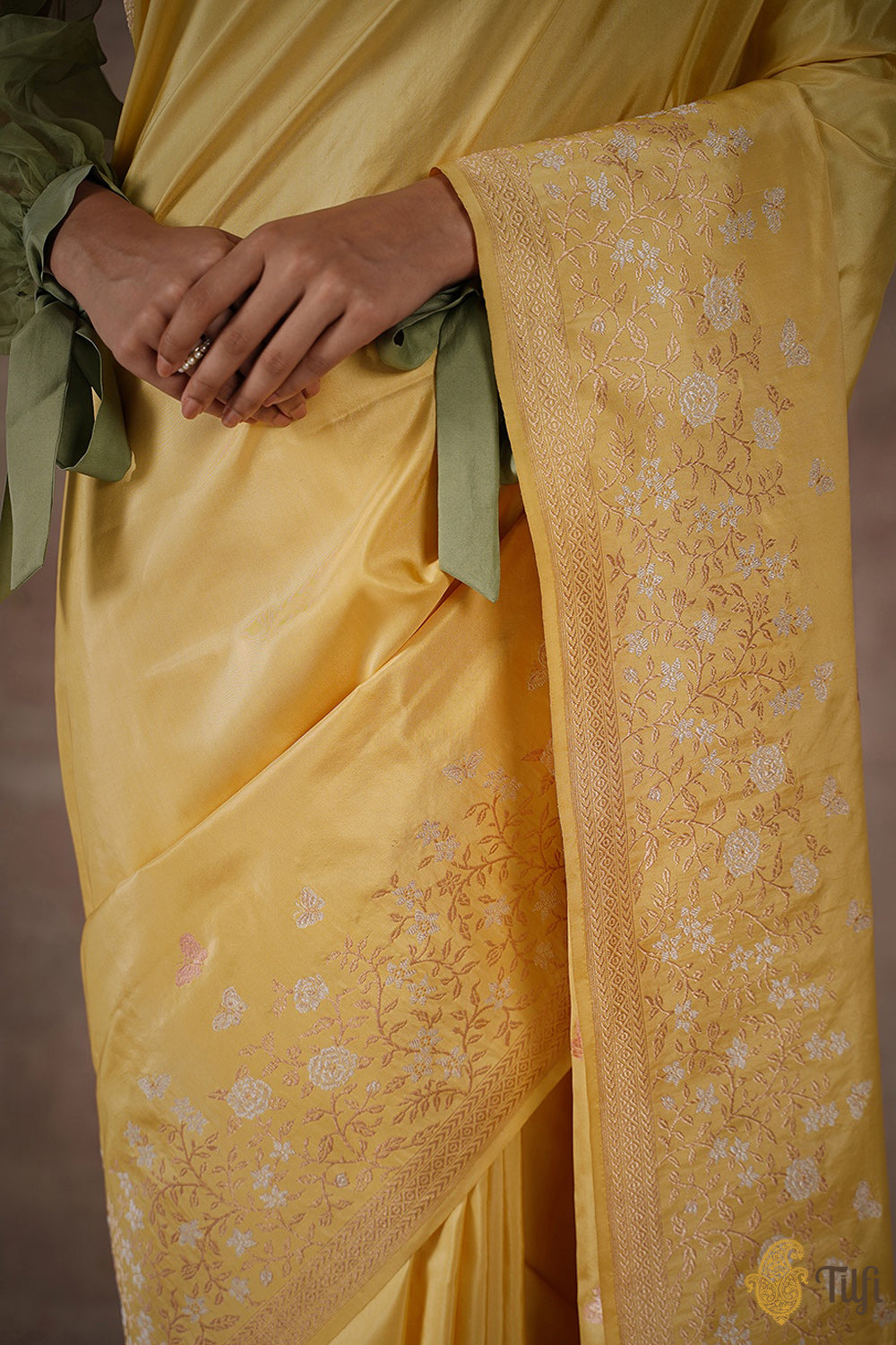 &#39;Butterflies among Wildflowers&#39; Yellow Pure Katan Silk Banarasi Handloom Saree