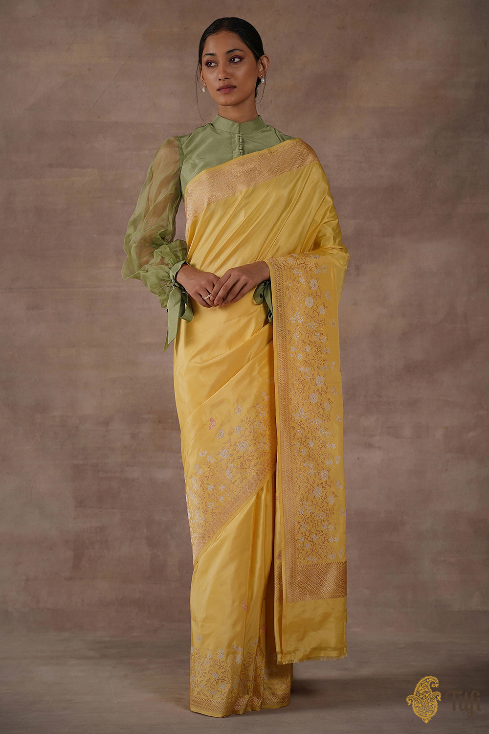 &#39;Butterflies among Wildflowers&#39; Yellow Pure Katan Silk Banarasi Handloom Saree