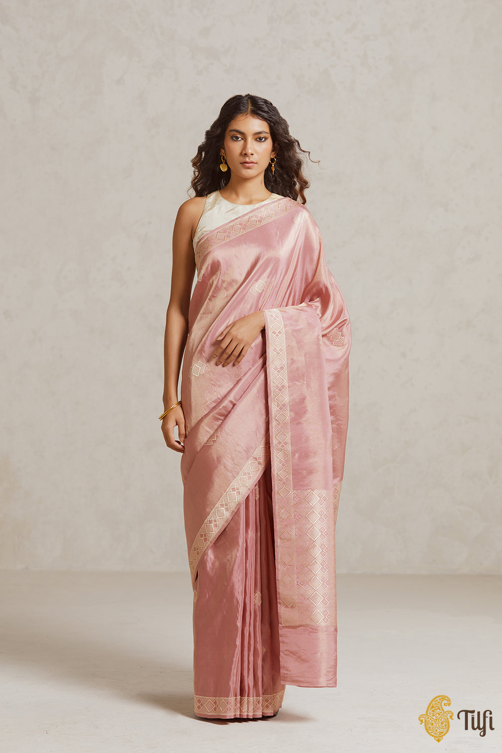 Pink-Gold Pure Ektara Silk Tissue Banarasi Handloom Saree
