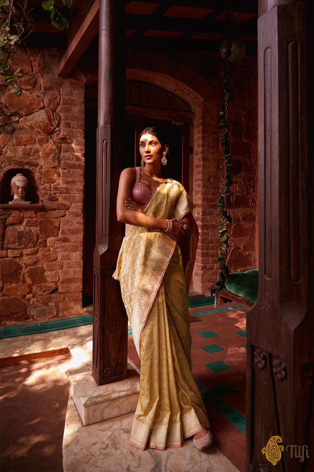 Pre-Order: &#39;Aurumi&#39; Gold Pure Katan Silk Tissue Banarasi Handloom Saree