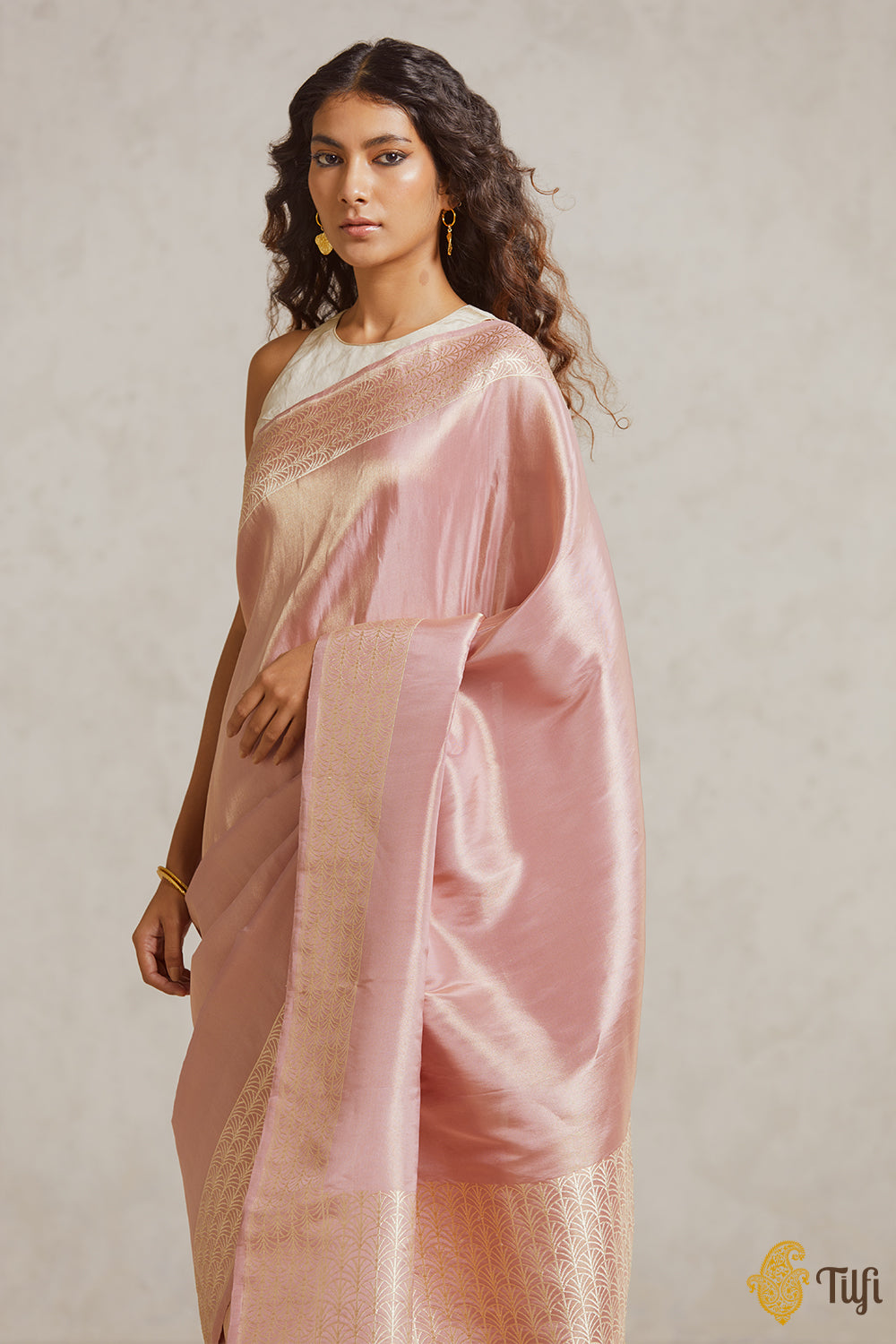 Pre-Order: Pink-Gold Pure Ektara Silk Tissue Banarasi Handloom Saree