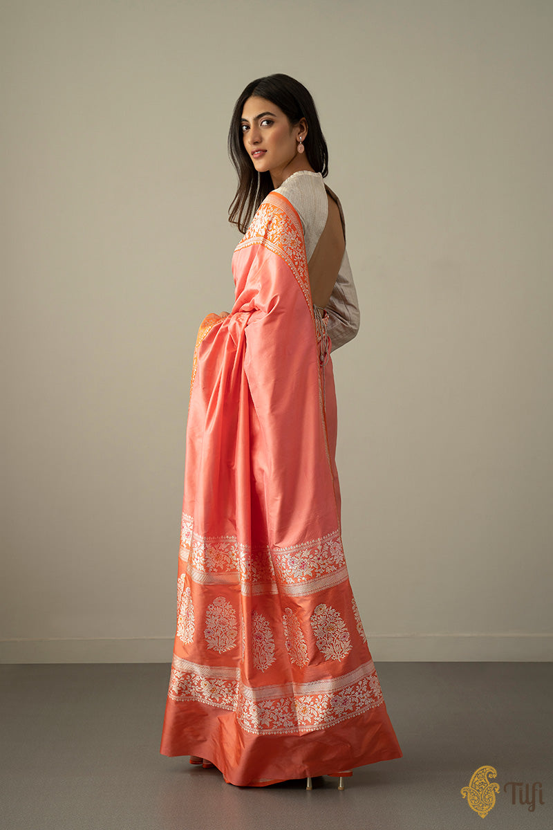 Pre-Order: Pink-Orange Pure Katan Silk Banarasi Handloom Saree