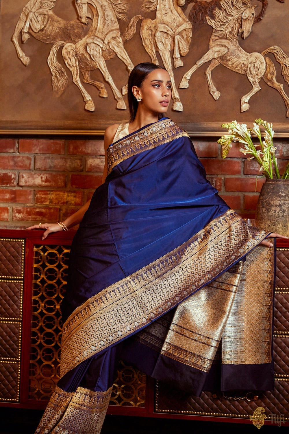 Pre-Order: &#39;Uma&#39; Midnight Blue Pure Soft Satin Silk Banarasi Handloom Saree