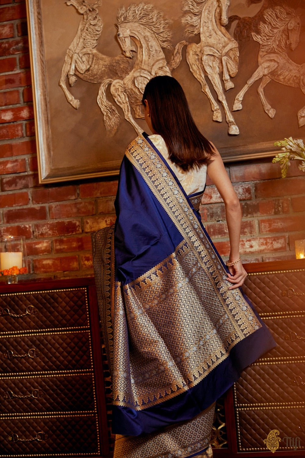 Pre-Order: &#39;Uma&#39; Midnight Blue Pure Soft Satin Silk Banarasi Handloom Saree