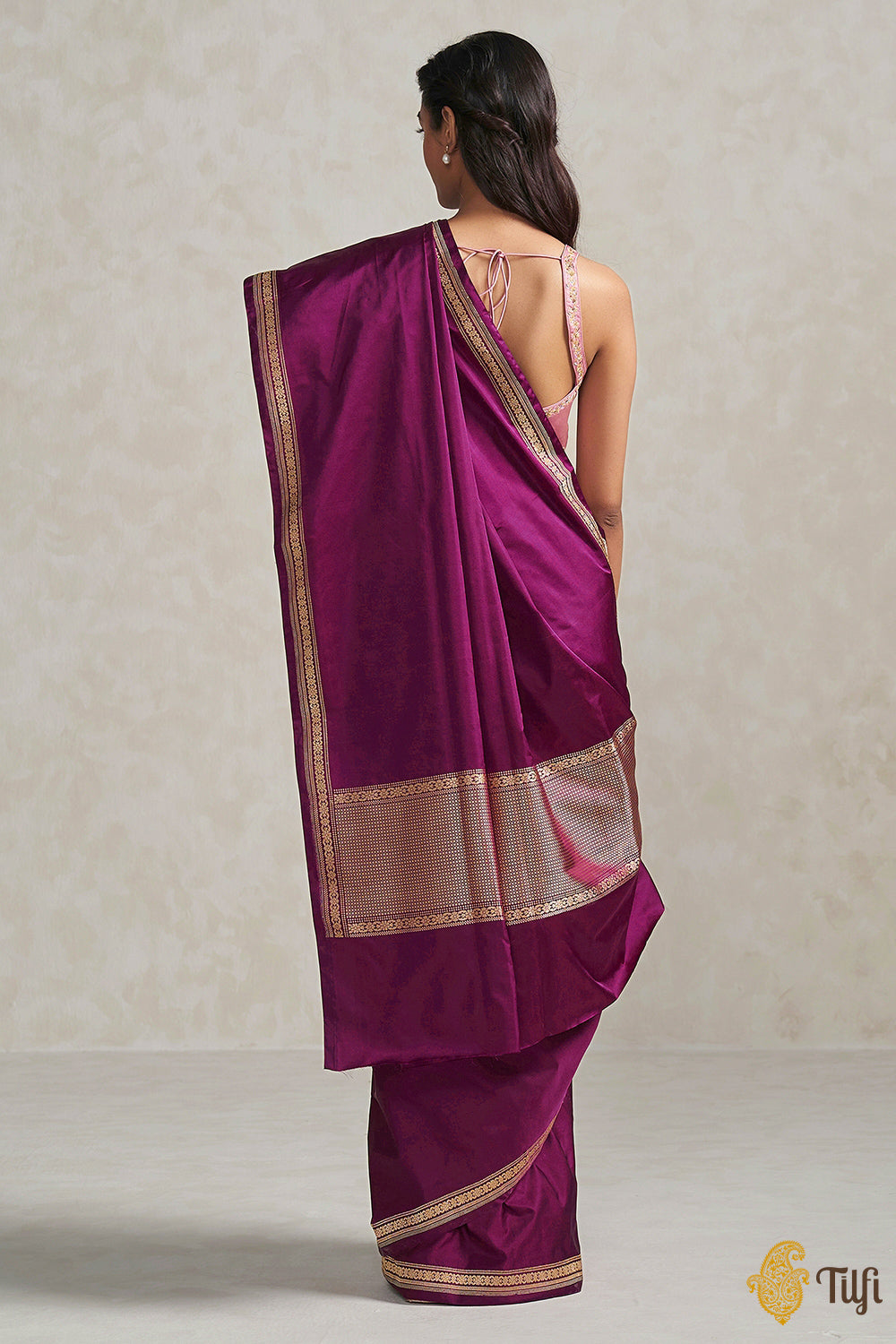 &#39;Preshti&#39; Deep Magenta Pure Soft Satin Silk Banarasi Handloom Saree