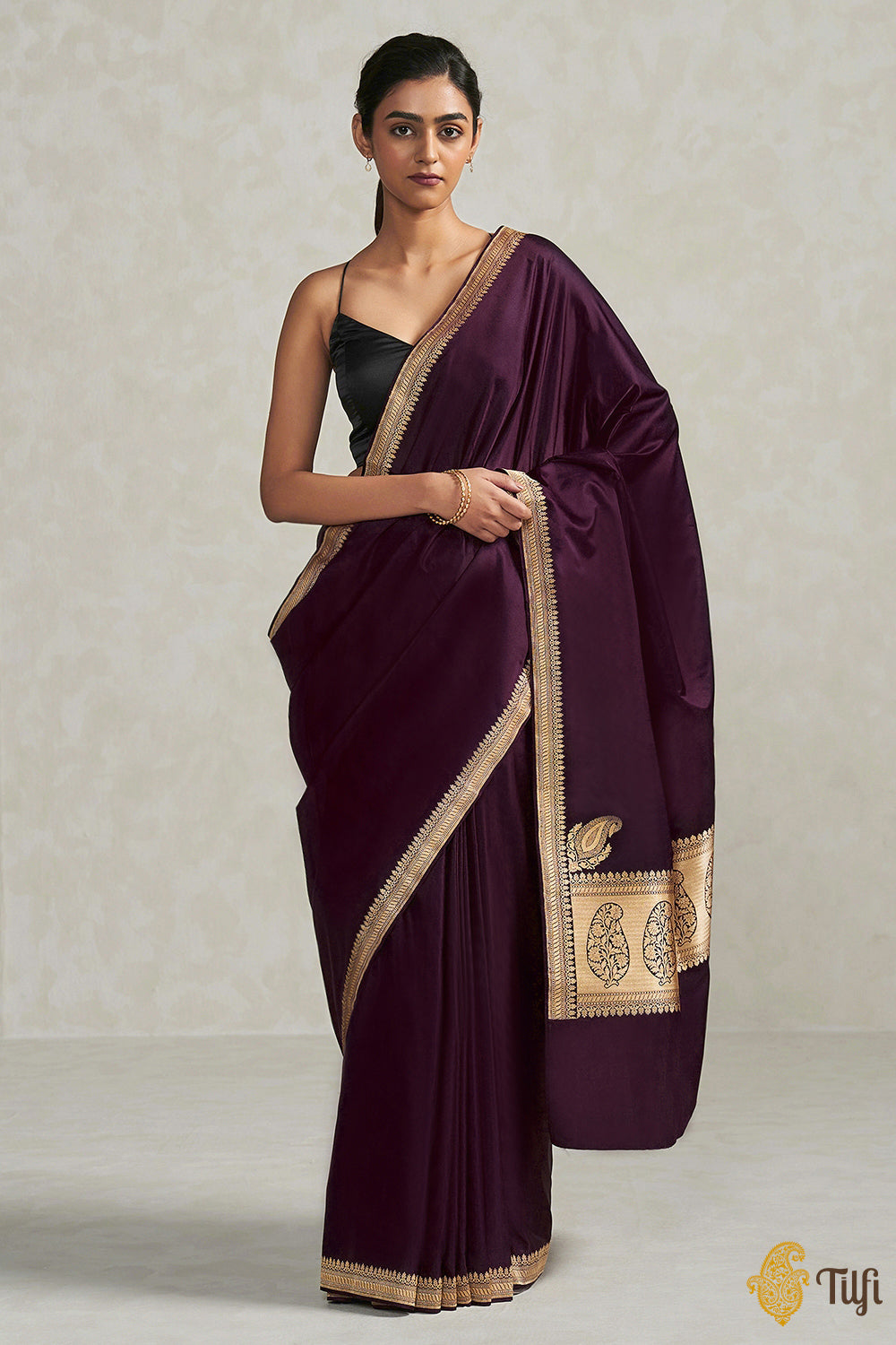Deep Plum Purple Pure Soft Satin Silk Banarasi Handloom Saree