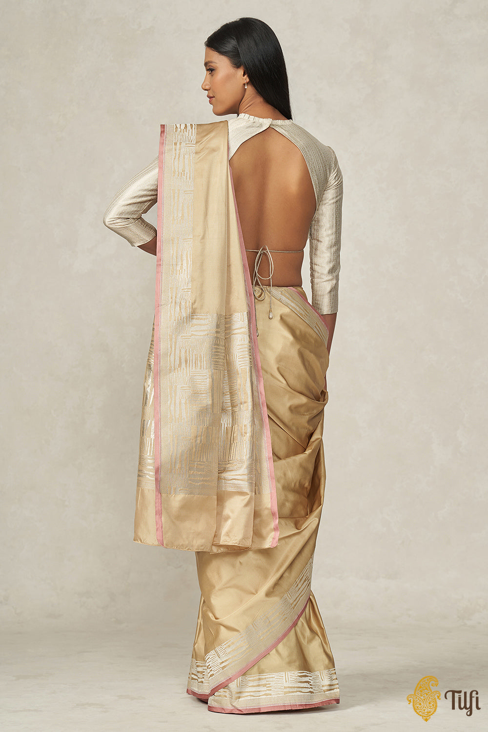 &#39;Shovana&#39; Tan Yellow Pure Soft Satin Silk Banarasi Handloom Saree