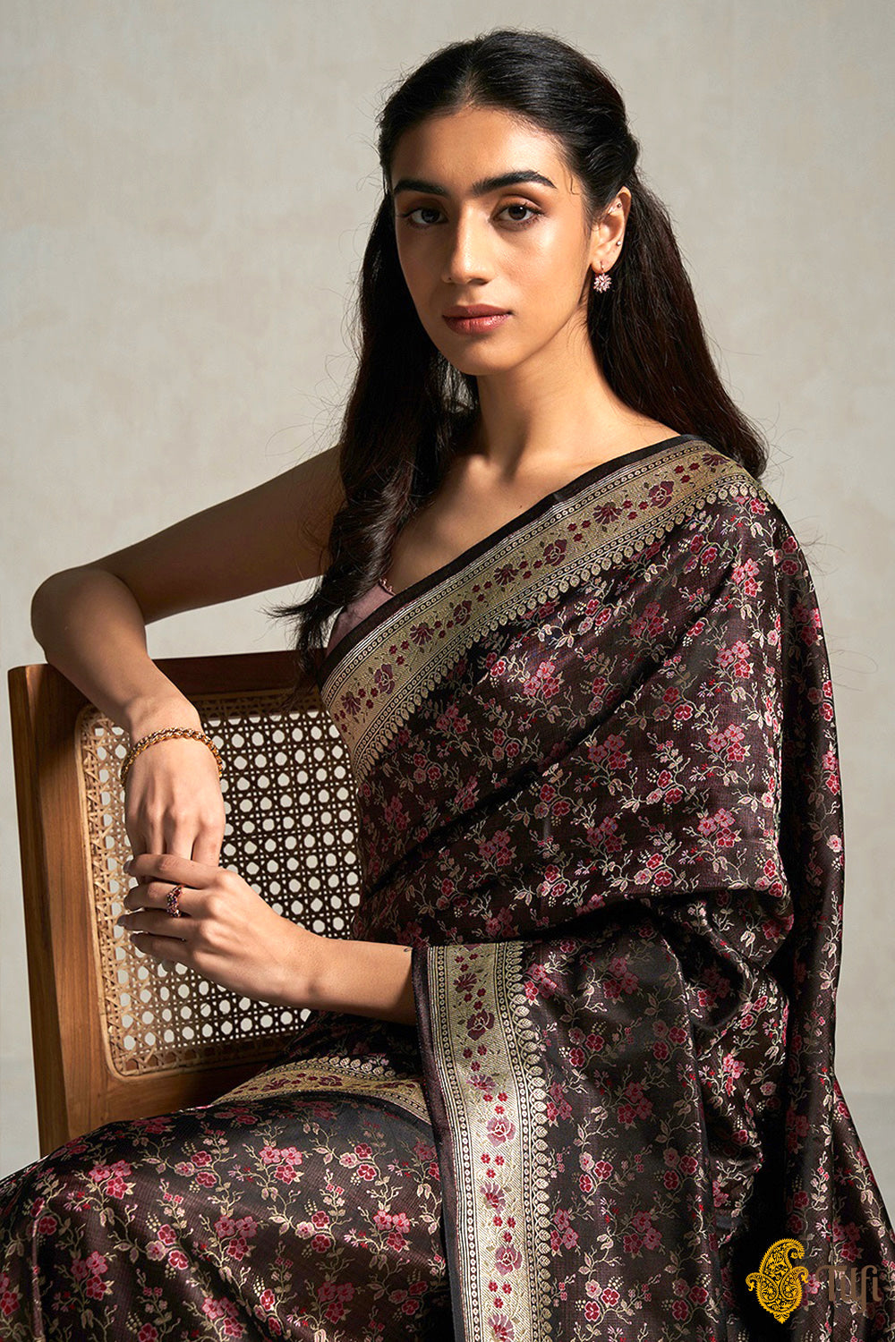 &#39;Aparajita&#39; Dark Brown Pure Soft Satin Silk Banarasi Handloom Saree