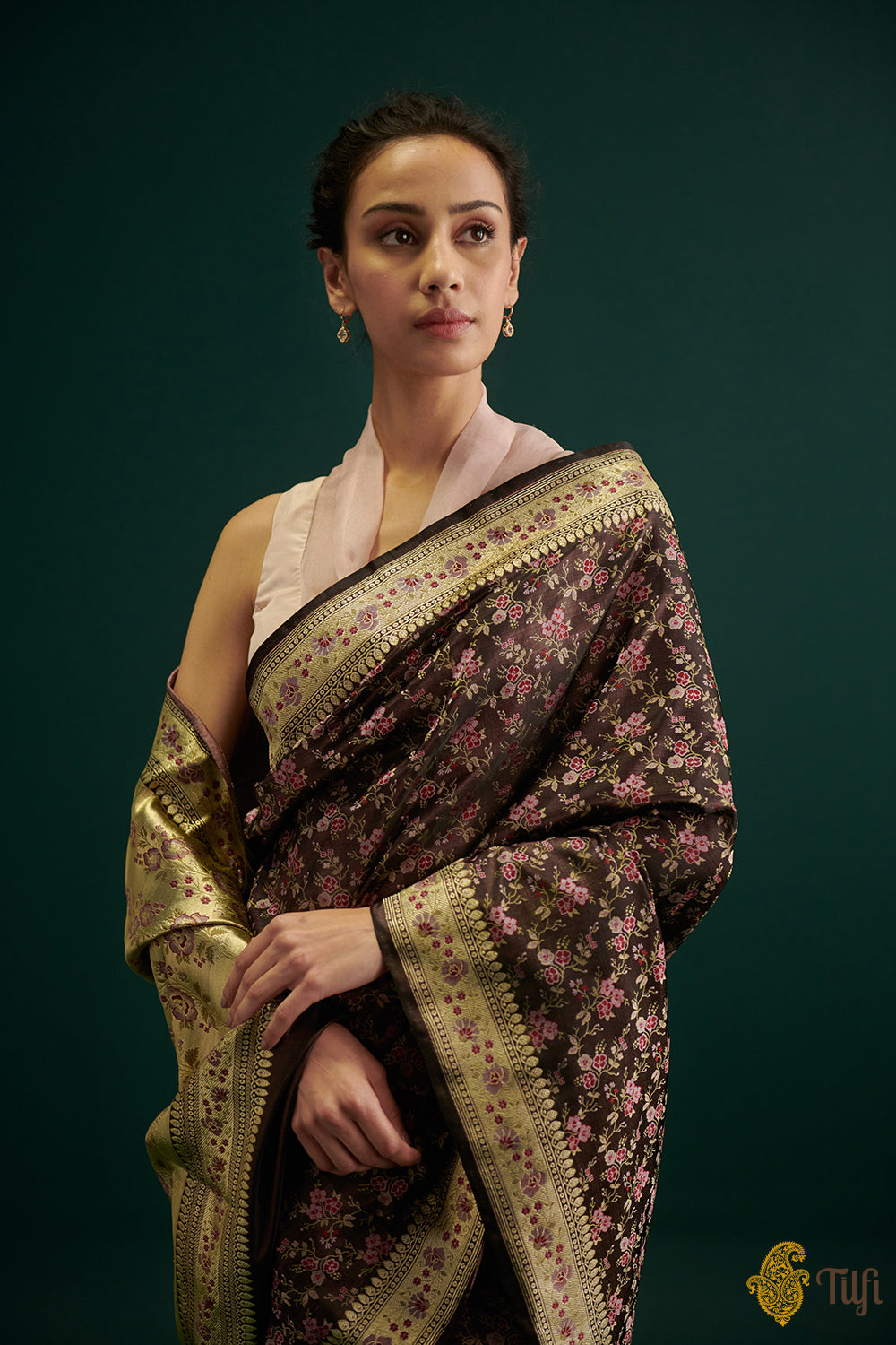 &#39;Aparajita&#39; Brown Pure Soft Satin Silk Banarasi Handloom Saree