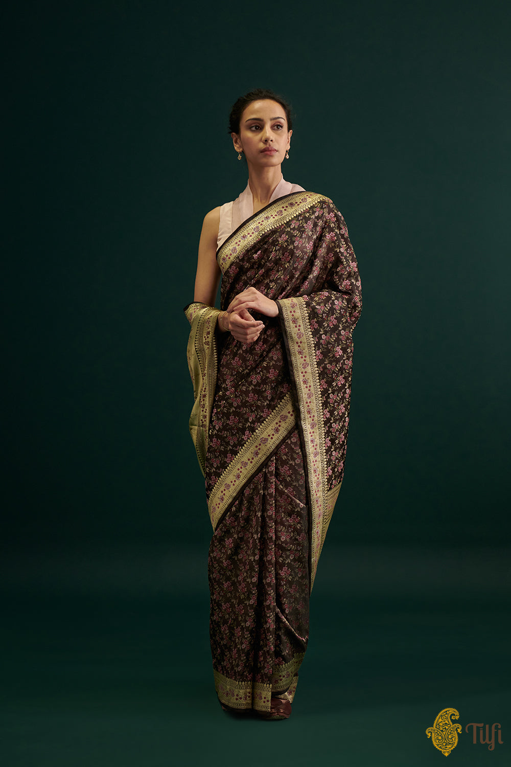 &#39;Aparajita&#39; Brown Pure Soft Satin Silk Banarasi Handloom Saree
