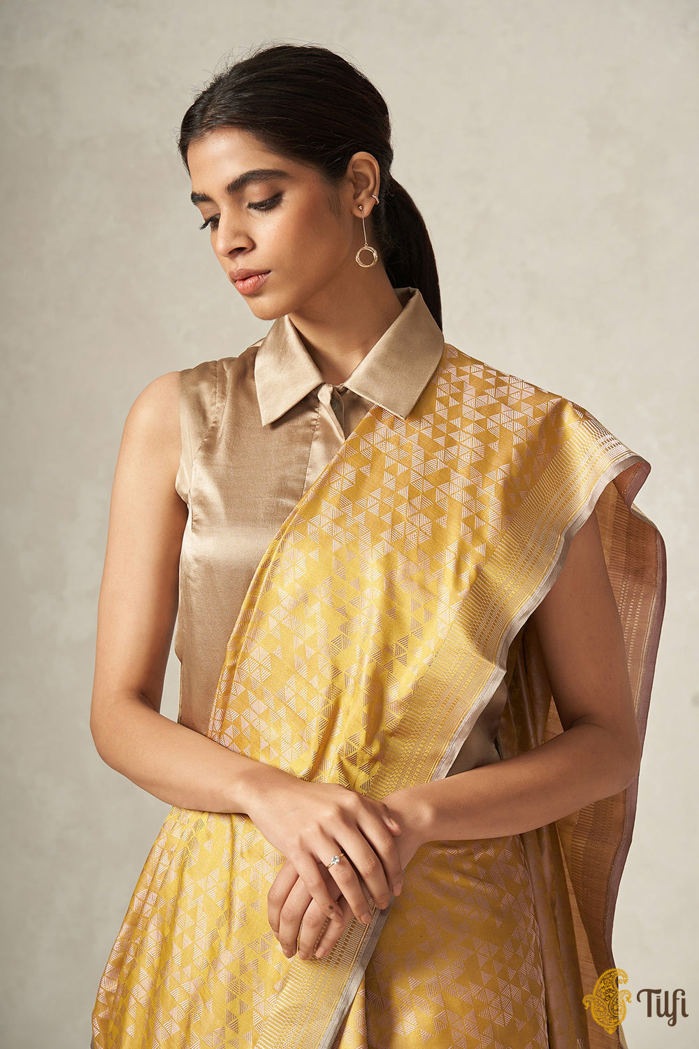 &#39;Tamara&#39; Mustard Pure Satin Silk Geometric Banarasi Handloom Saree