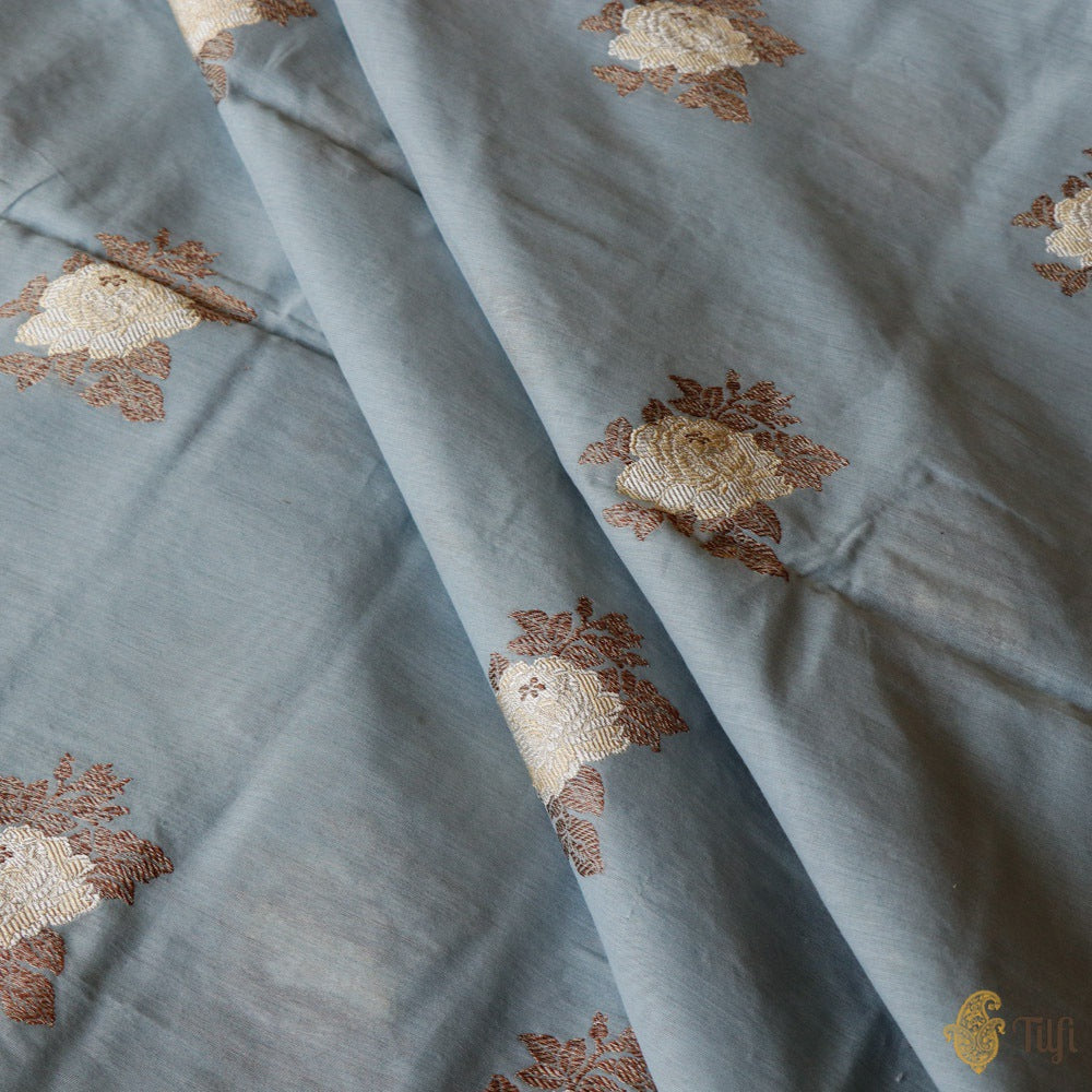 Light Blueish Grey Pure Kora Silk by Cotton Banarasi Handloom Fabric