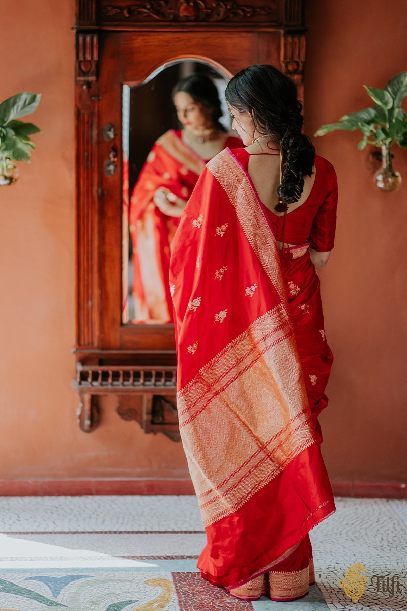 Pre-Order: Red Pure Katan Silk Banarasi Handloom Saree