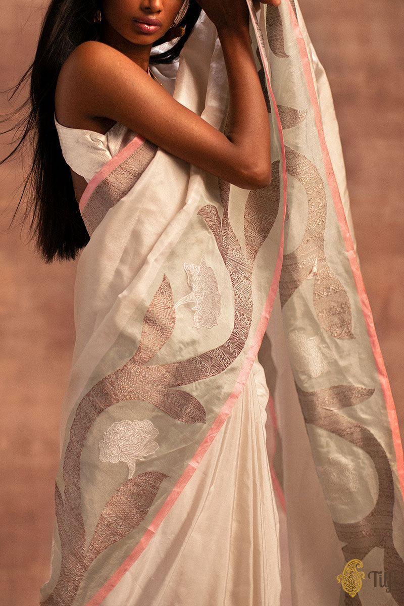 White-Light Blue Pure Ektara Silk Tissue Banarasi Handloom Saree