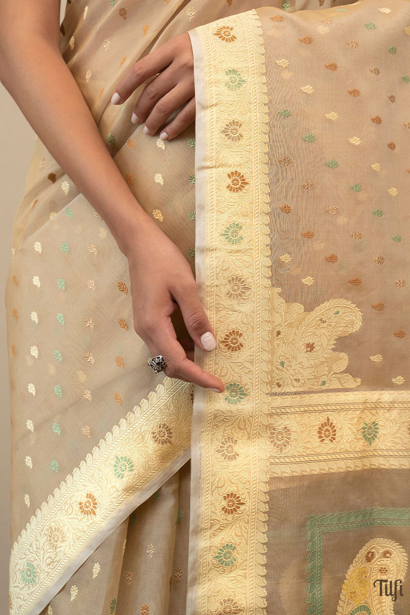 &#39;A Keepsake&#39; Beige Pure Kora Silk Banarasi Handloom Saree