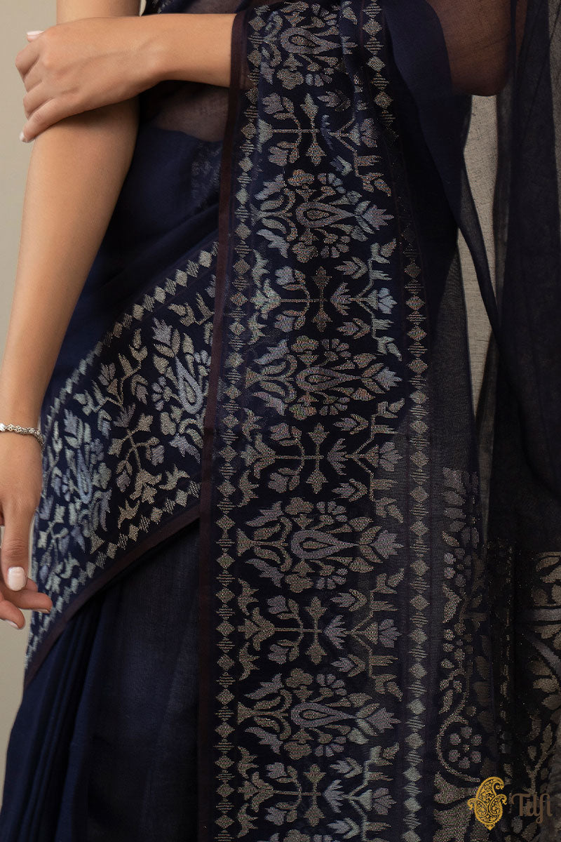 Pre-Order: &#39;Damini&#39; Deep Navy Blue Pure Cotton Jamdani Banarasi Handloom Saree