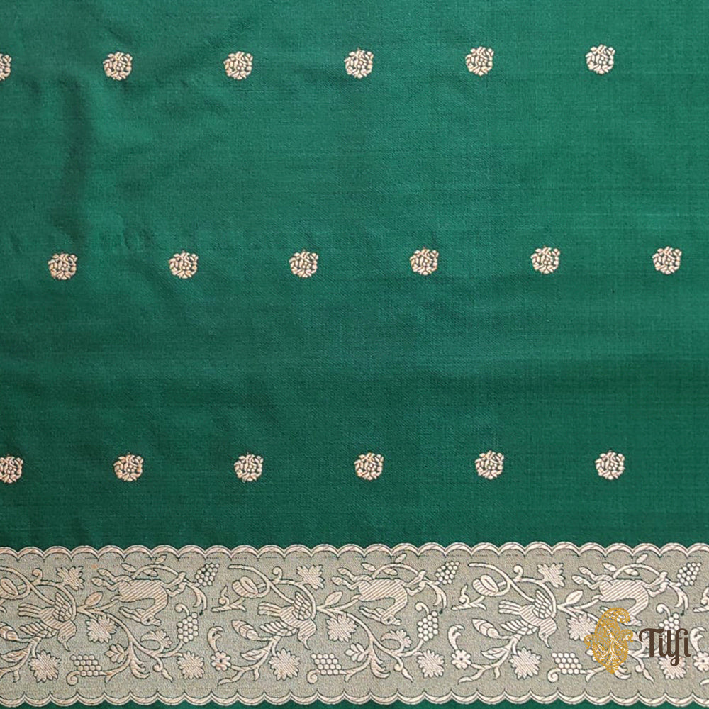 &#39;Janaki&#39; Bottle Green Pure Katan Silk Real Zari Banarasi Handloom Saree