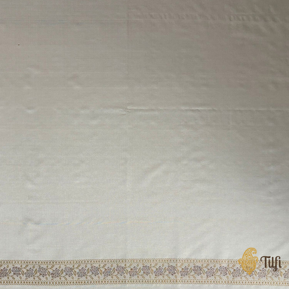 Off-White Pure Katan Silk Banarasi Shikargah Handloom Saree