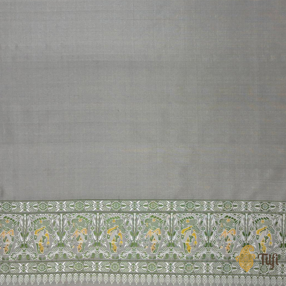 Grey Pure Katan Silk Banarasi Baluchari Handloom Saree