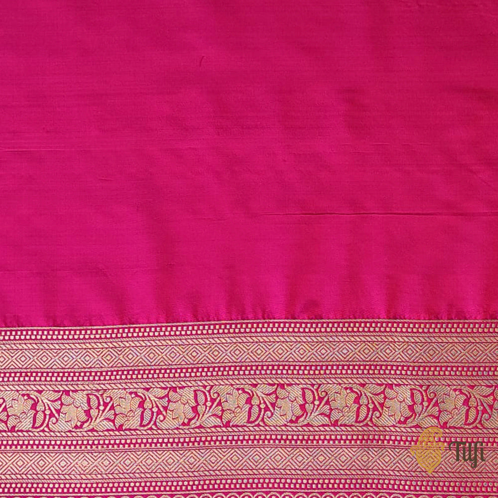 &#39;Qainaat&#39; Deep Navy Blue-Pink Pure Katan Silk Banarasi Kadiyal Handloom Saree