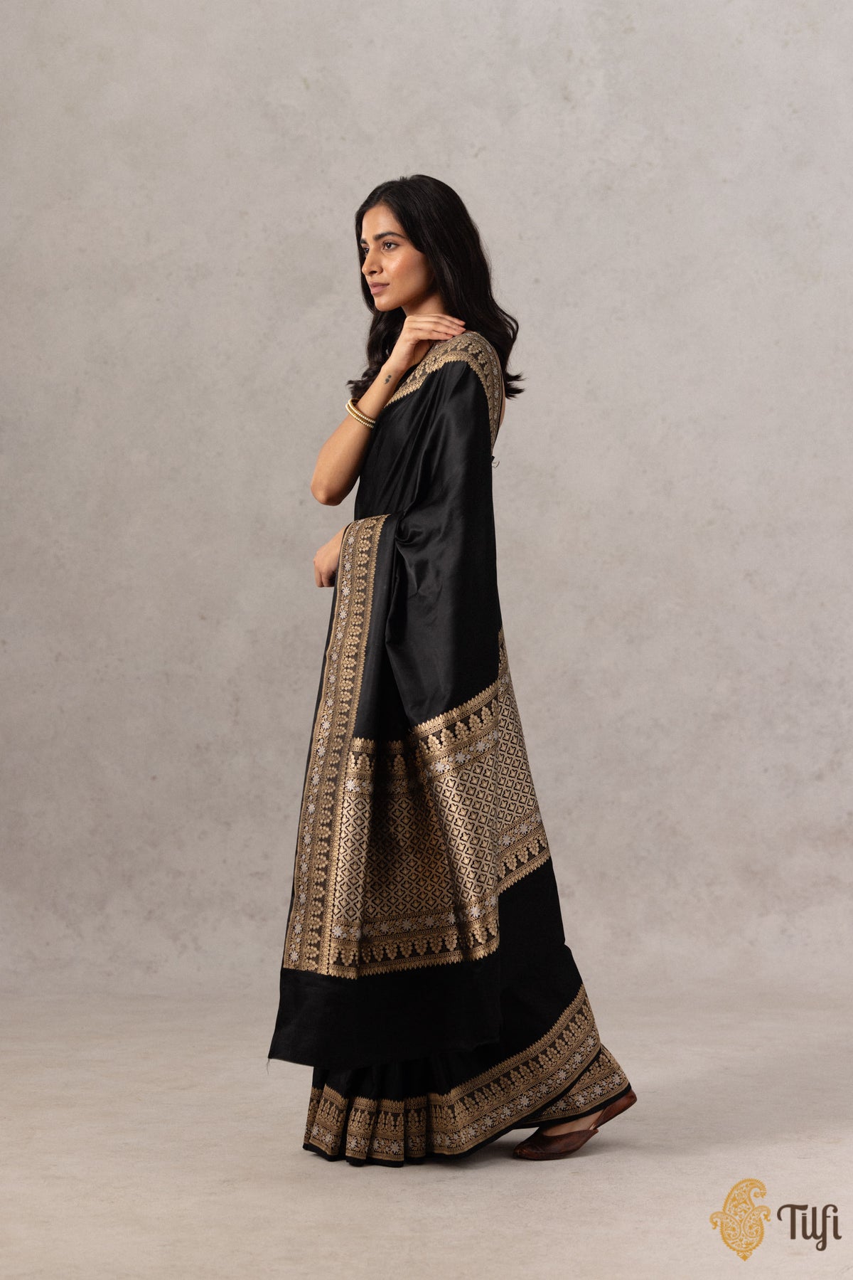 &#39;Uma&#39; Black Pure Soft Satin Silk Banarasi Handloom Saree
