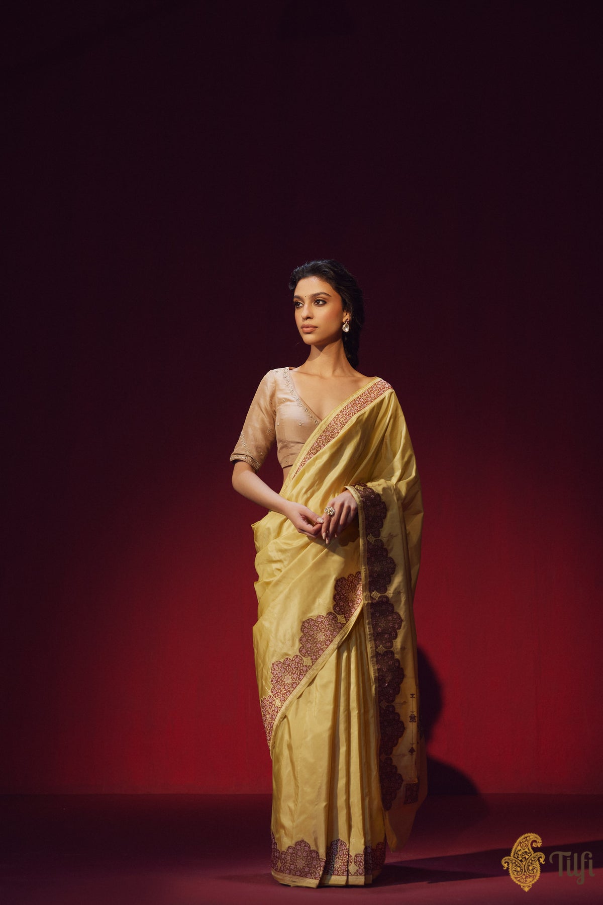 &#39;Usha&#39; Yellow Pure Katan Silk Banarasi Handloom Saree